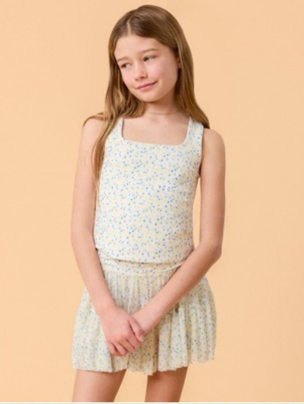 Blogilates Girls' Mommy & Me Ruffle Back Tank Top - White Floral Print L